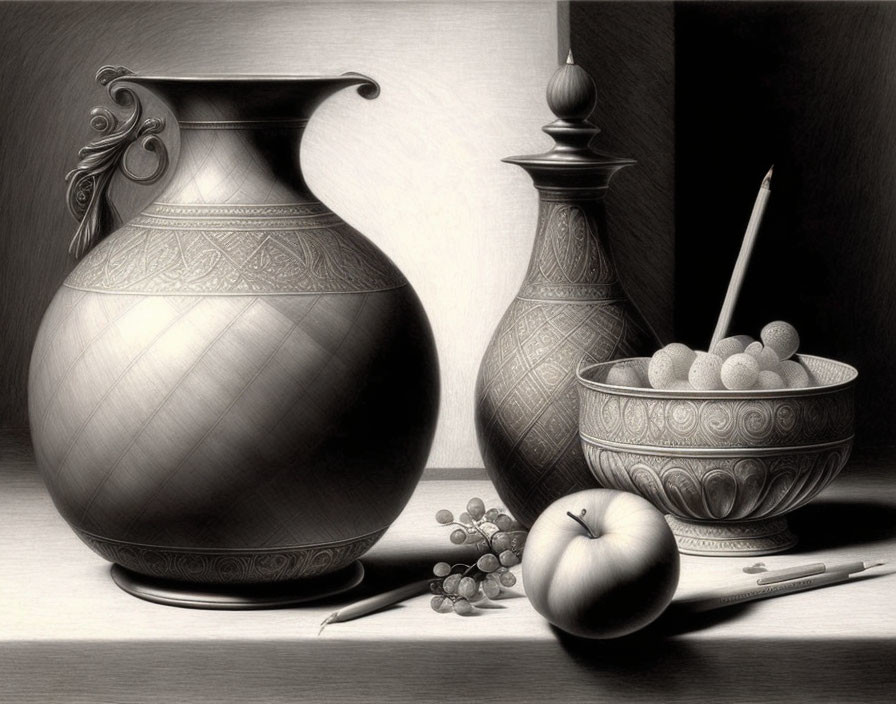 Greyscale still life drawing with jug, container, fruit, apple, and pencils