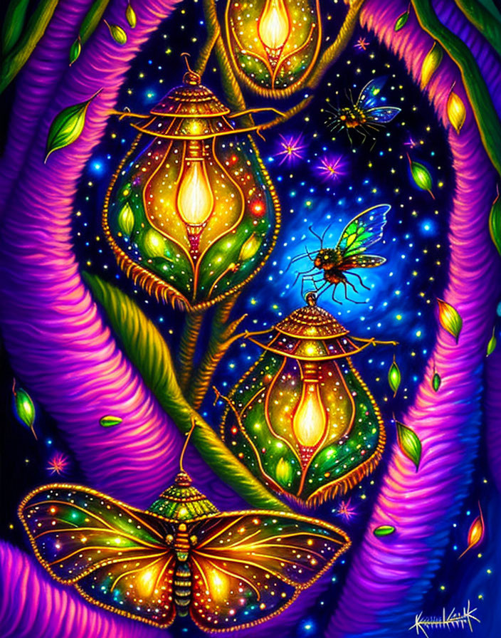 Whimsical lanterns, glowing vines, butterflies in starry night scene