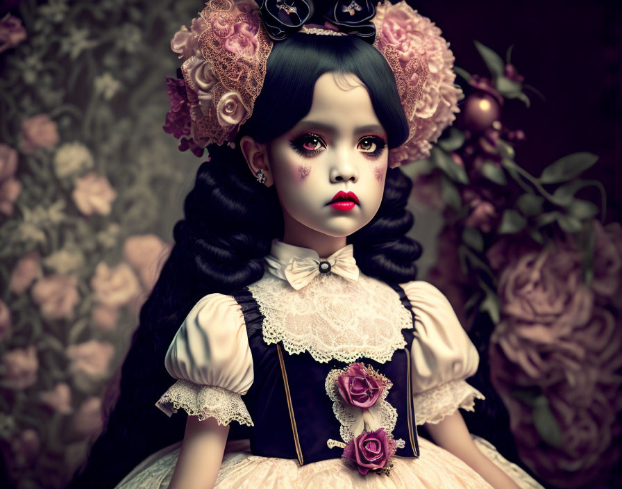 Gothic-inspired doll with dark hair, pale skin, Victorian attire, and roses