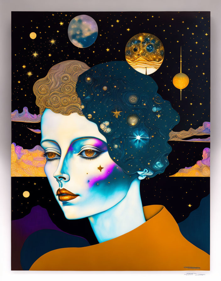 Cosmic-themed portrait with stars and celestial bodies