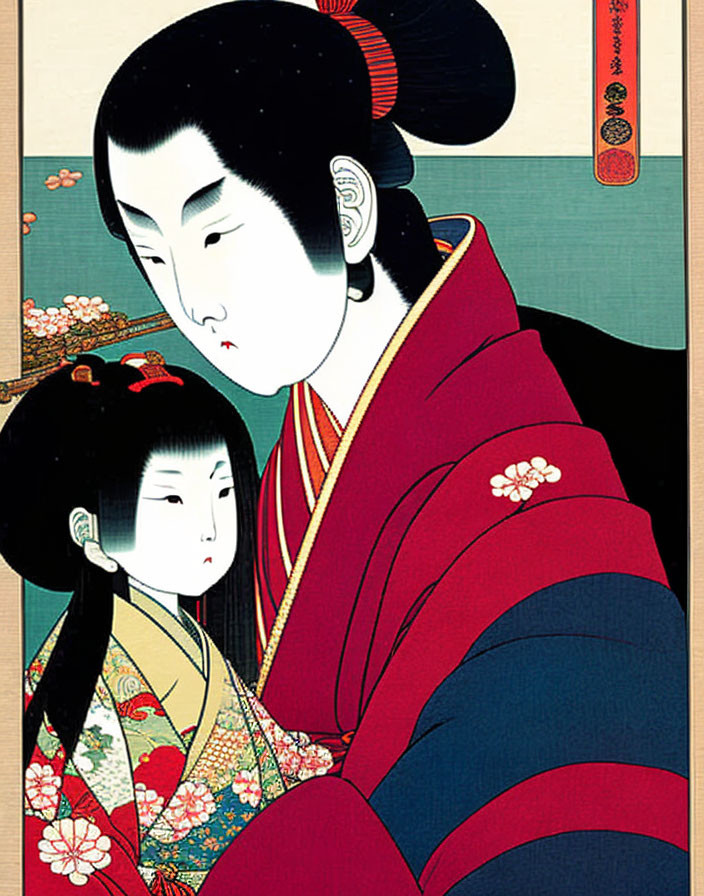 Traditional Japanese woodblock print of two women in kimonos