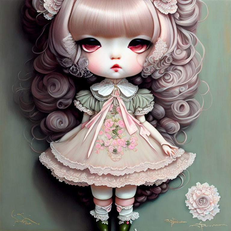 Illustration of doll-like character with oversized curly hair and melancholic expression in dreamy setting