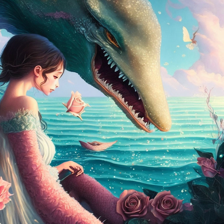 Woman in Green Dress with Friendly Sea Monster by Water, Pink Roses, and Butterflies