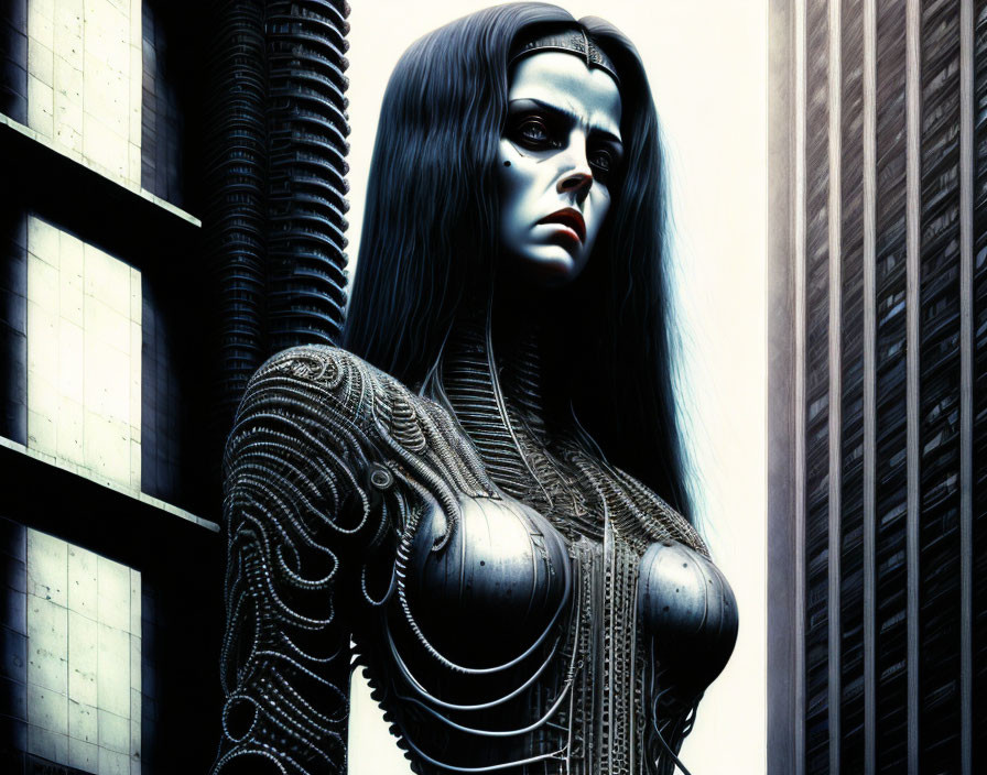 Futuristic female android with intricate designs against skyscrapers