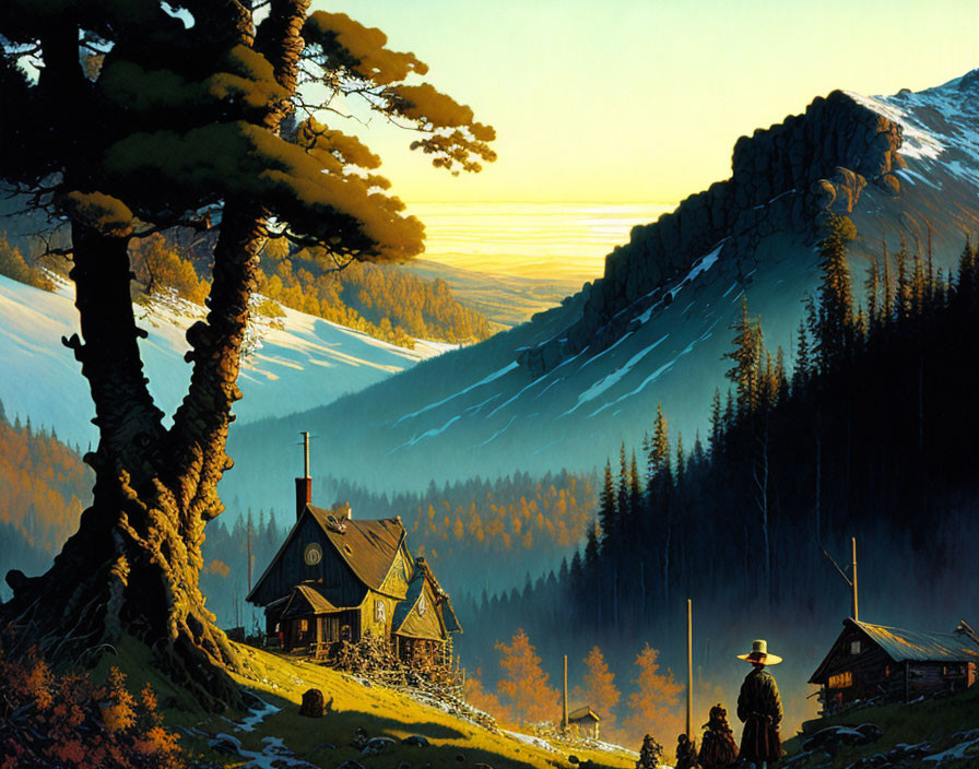 Tranquil mountain landscape with cabin, trees, figure, and sunset glow