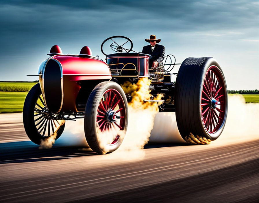 Vintage Red Race Car Speeding with Smoke on Sunny Day