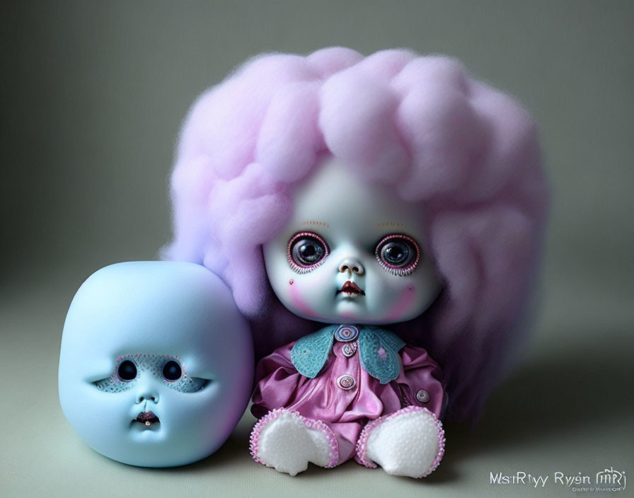 Doll with Large Violet Eyes and Fluffy Pink Hair Next to Detached Doll Head