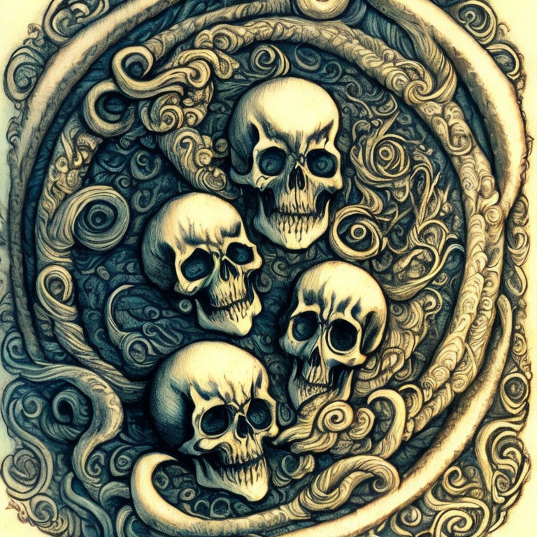 Intricate vintage sepia skull art with swirls