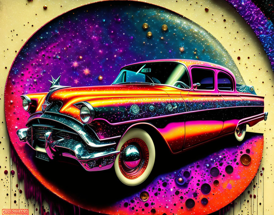 Colorful classic car with cosmic paint job in space-themed backdrop