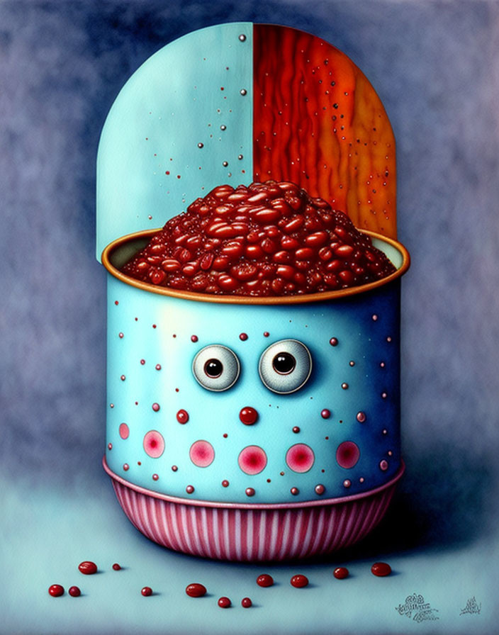 Illustration of googly-eyed beans in cupcake liner with overflowing lid