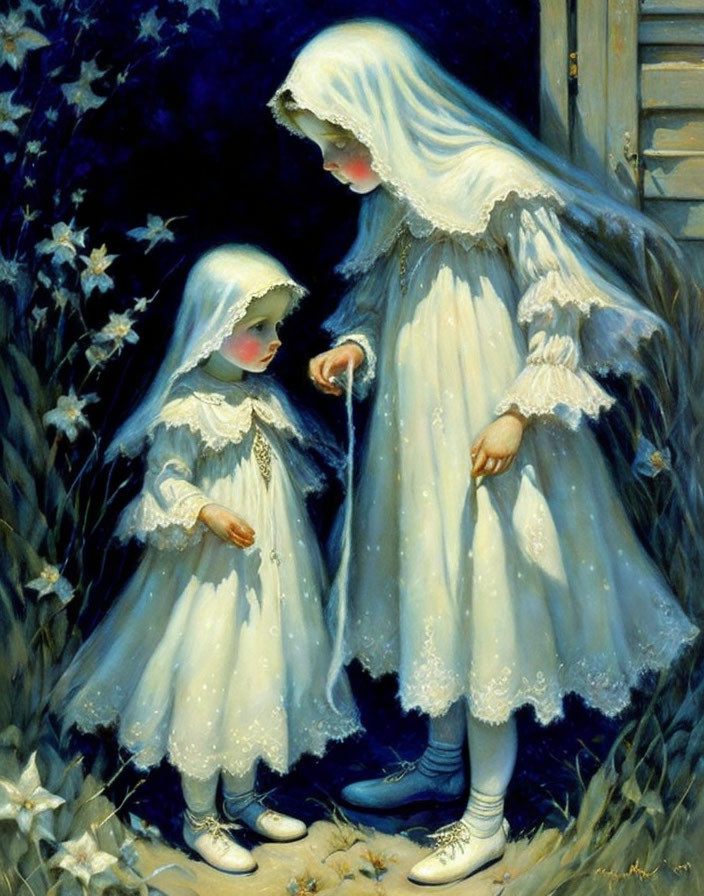 Vintage white dresses: Two children at starlit garden gate