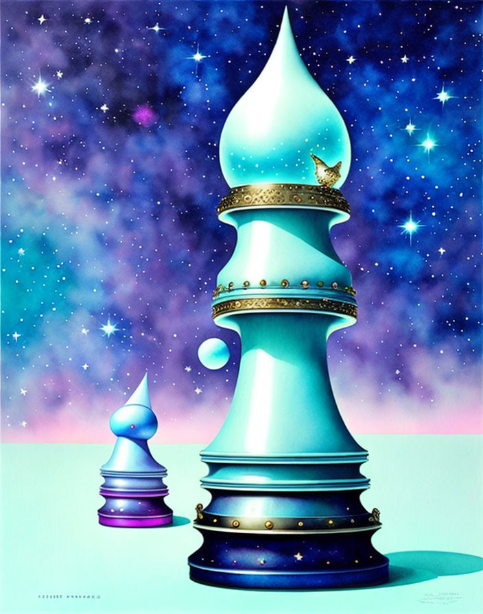 Surreal chess bishops with cosmic elements on starry background