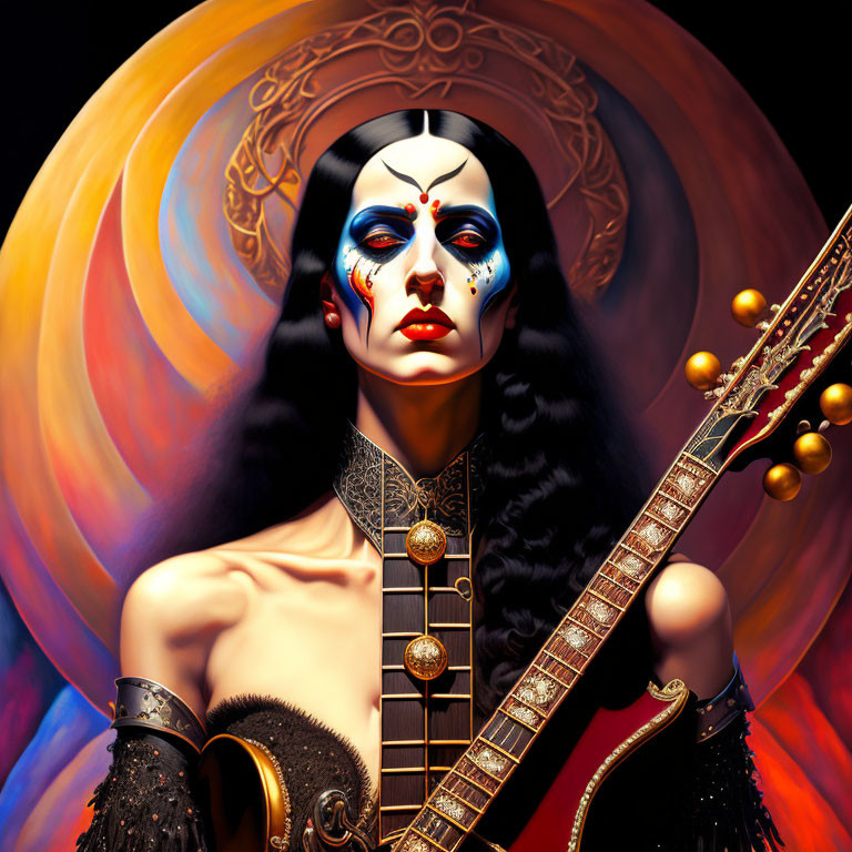 Intricate face paint person with guitar on vibrant orange background