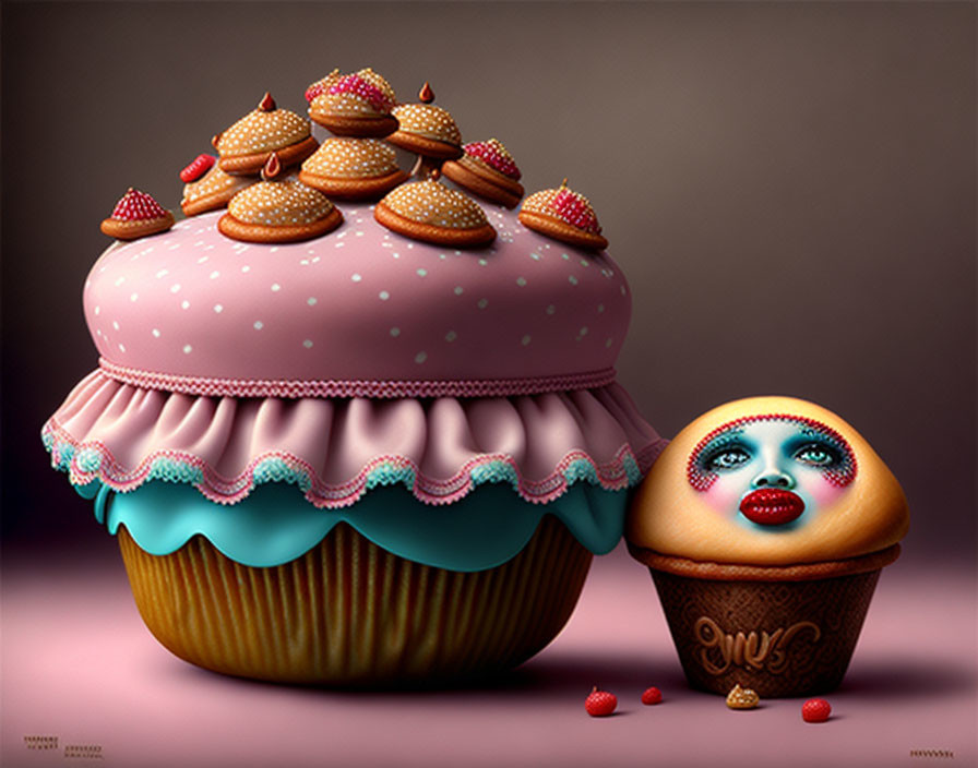 Whimsical image of giant cupcake and mini cupcakes with faces