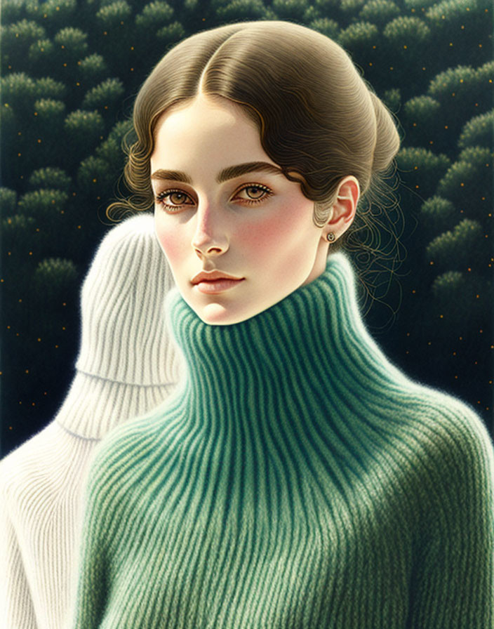 Portrait of Woman with Dark Hair in Bun & Green Turtleneck Sweater