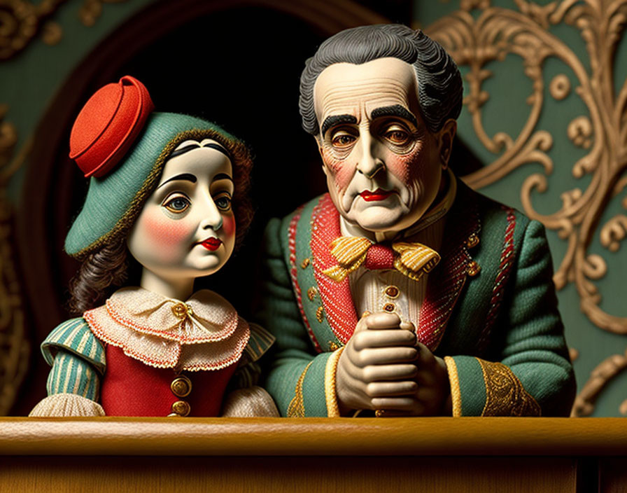 Vintage-style male and female ventriloquist dolls elegantly dressed on wooden ledge