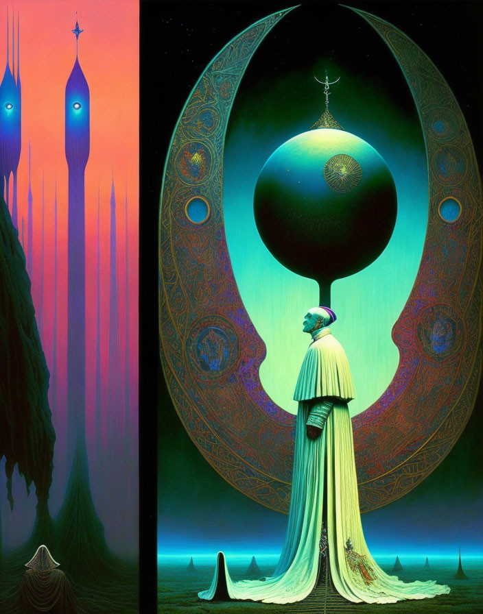 Surreal illustration of robed figure and hanging orb in crescent landscape