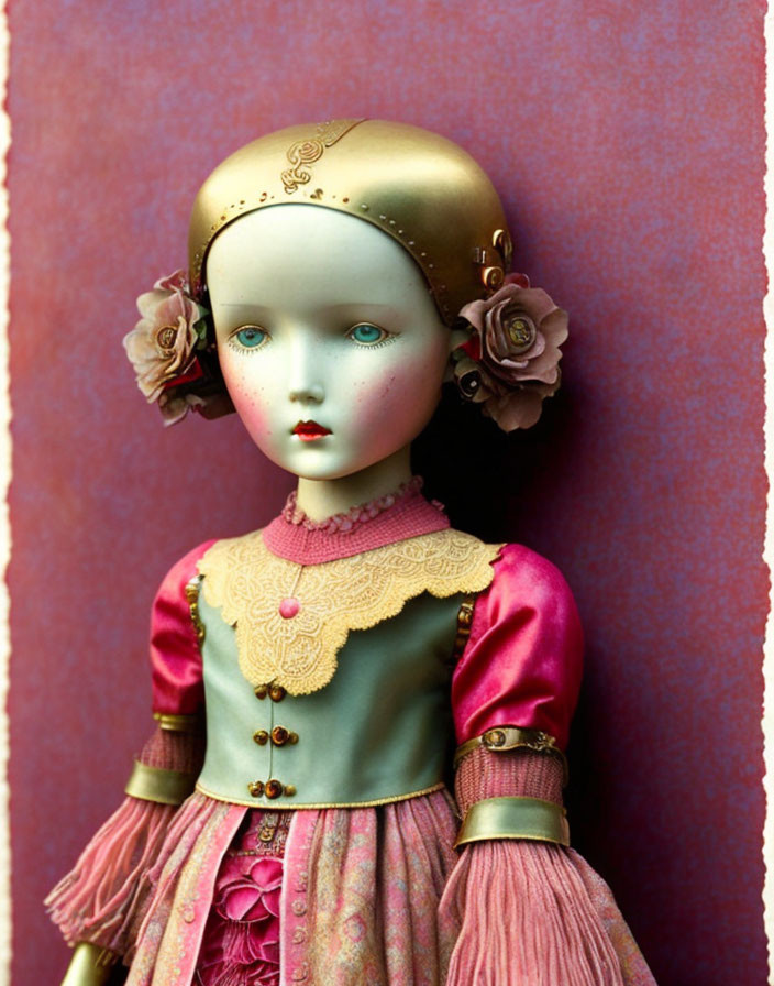 Porcelain doll with golden headpiece and satin dress