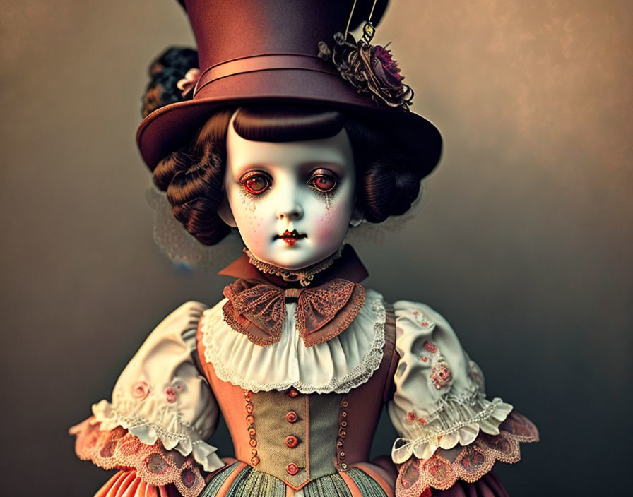 Victorian-Era Doll with Porcelain-Like Skin and Detailed Features