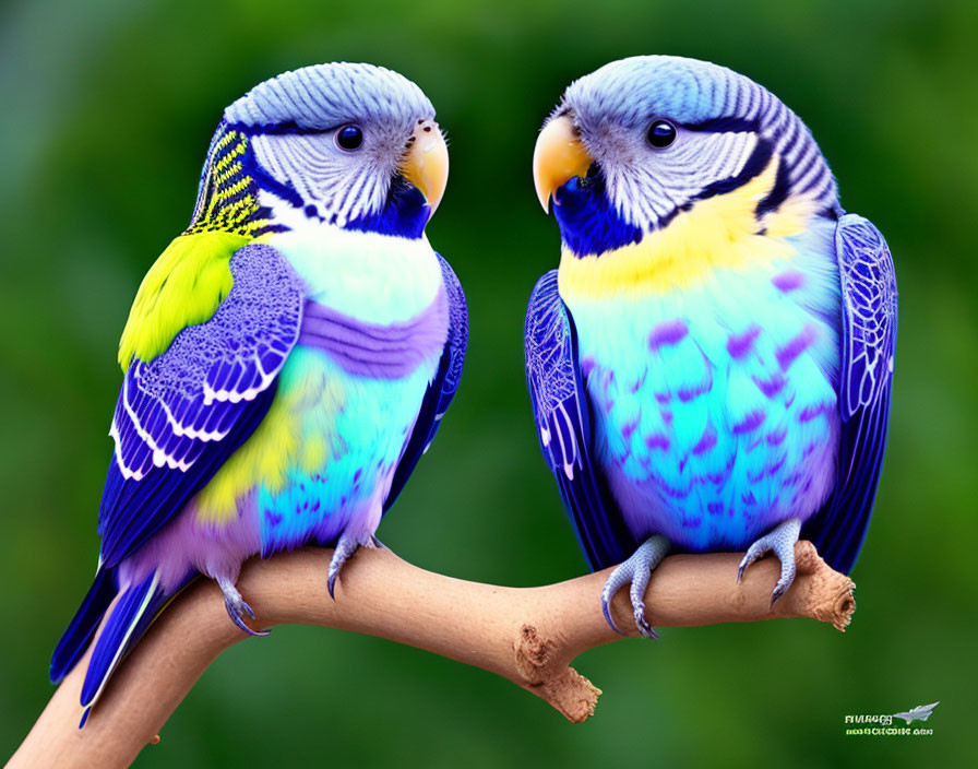 Vibrant budgerigars on branch with green backdrop