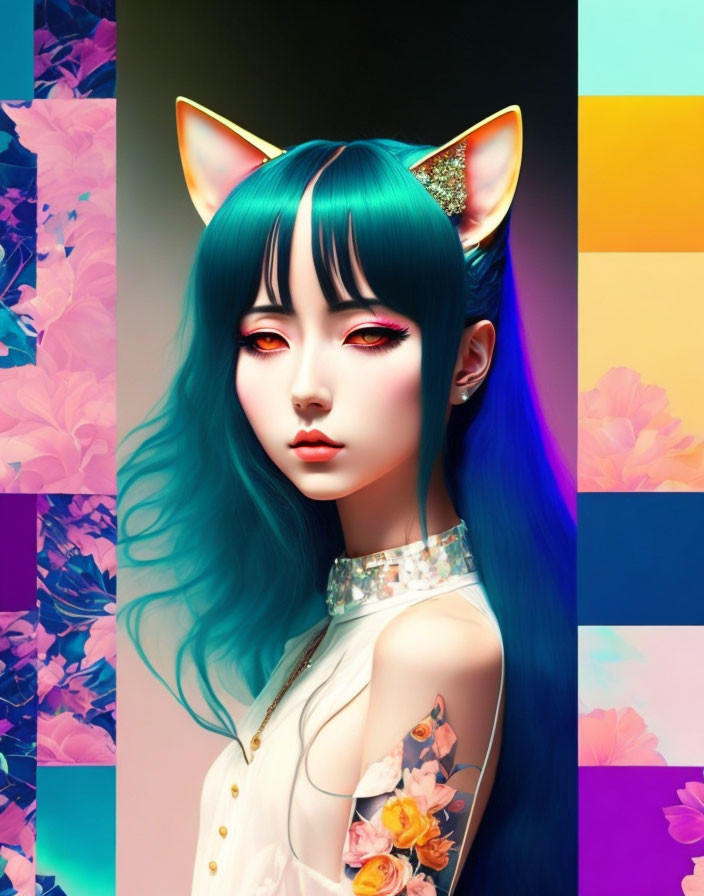 Female figure with blue hair, cat ears, red eyes, and floral tattoo on shoulder on colorful geometric