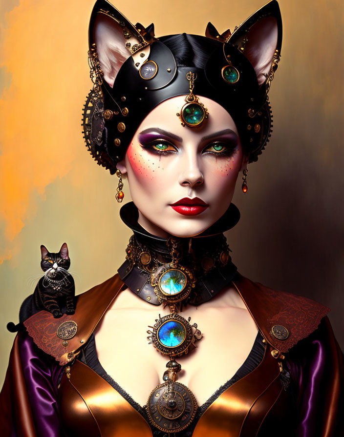 Stylized portrait of woman with cat features and ornate headgear, next to black cat figur