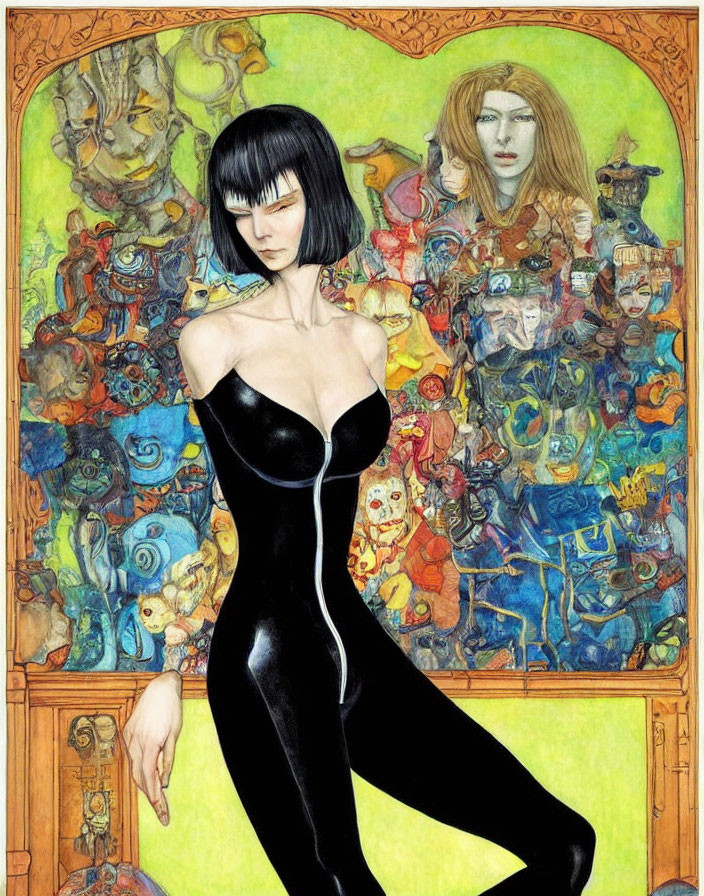 Stylized illustration of woman in black outfit with short hair in vibrant, fantastical backdrop