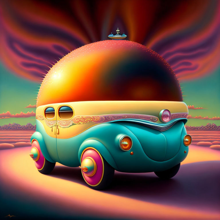 Colorful Retro-Futuristic Vehicle in Surreal Desert Sunset