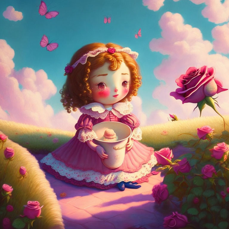 Whimsical illustration of young girl with cupcake in pink dress among roses and butterflies