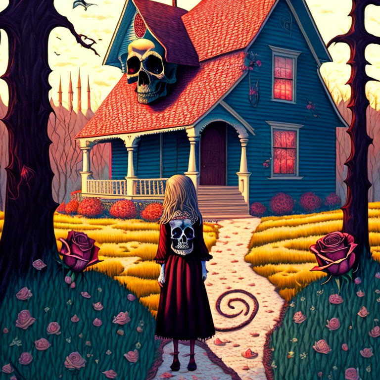 Girl with skull shirt near spooky blue house and large skull decoration.