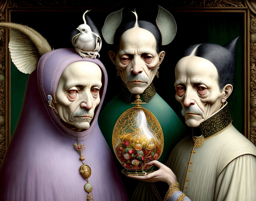 Surreal portrait of three figures in ornate Renaissance clothing