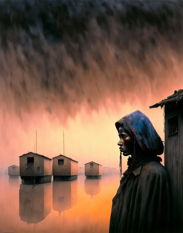 Hooded figure by water with floating houses under stormy sky