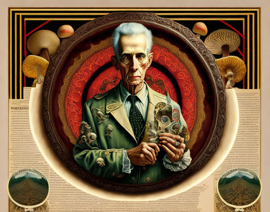 Illustrated portrait of stern-faced man with skull, mushrooms, and ornate patterns.