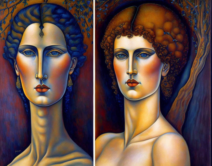 Stylized portraits of women with elongated faces and ornate features against intertwining branches