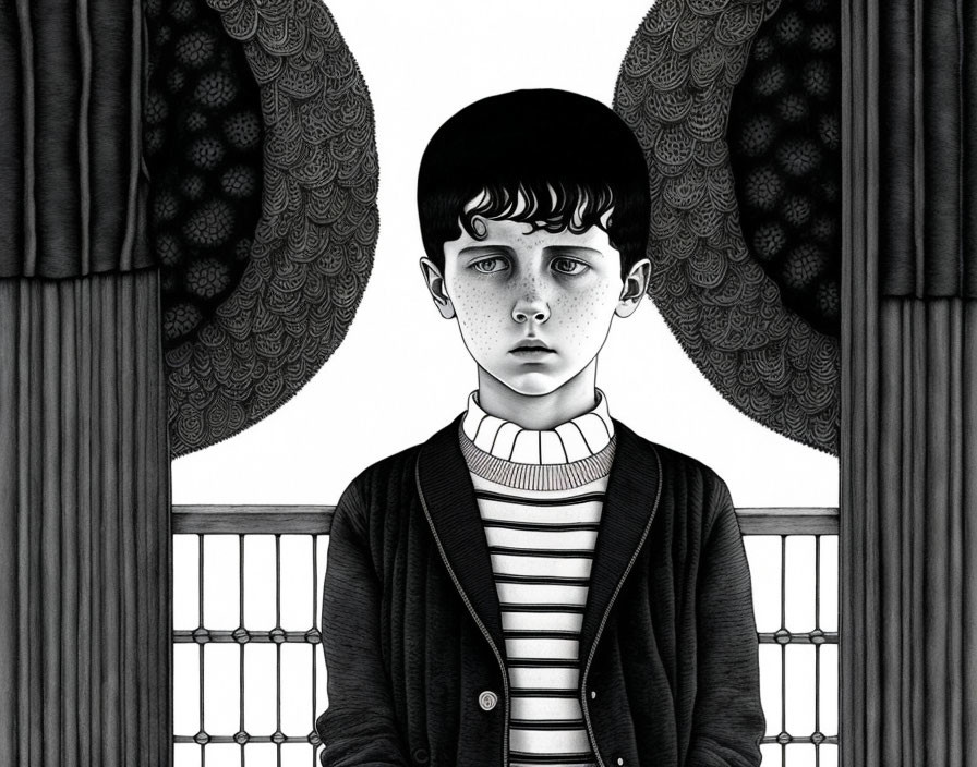 Monochrome illustration of a sad young boy in a striped shirt and cardigan