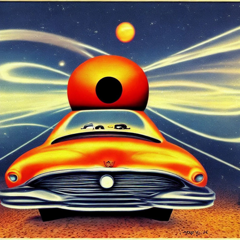 Surreal painting of stylized orange car in cosmic setting