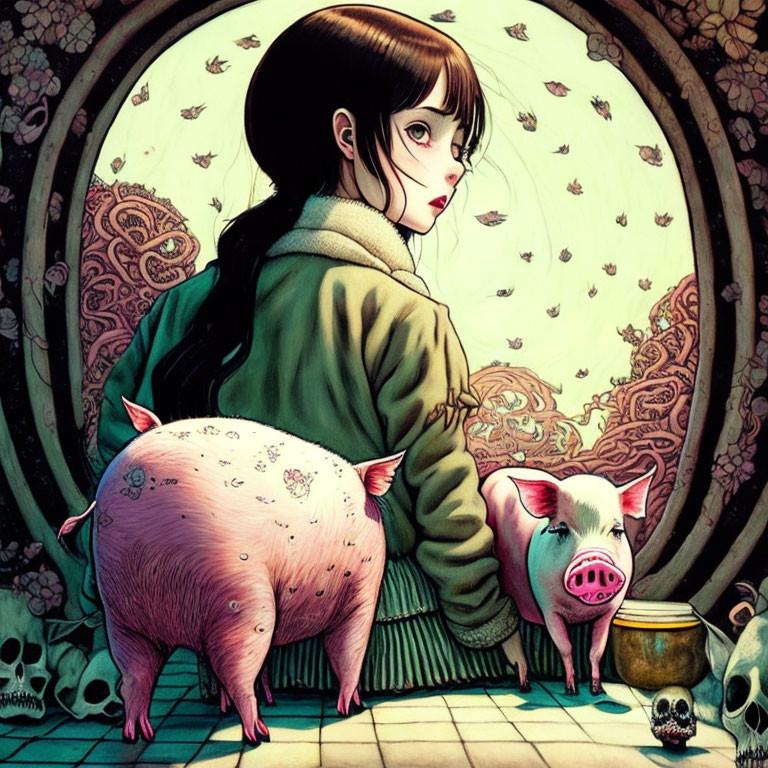 Dark-haired girl with pigs and skulls in circular pattern backdrop