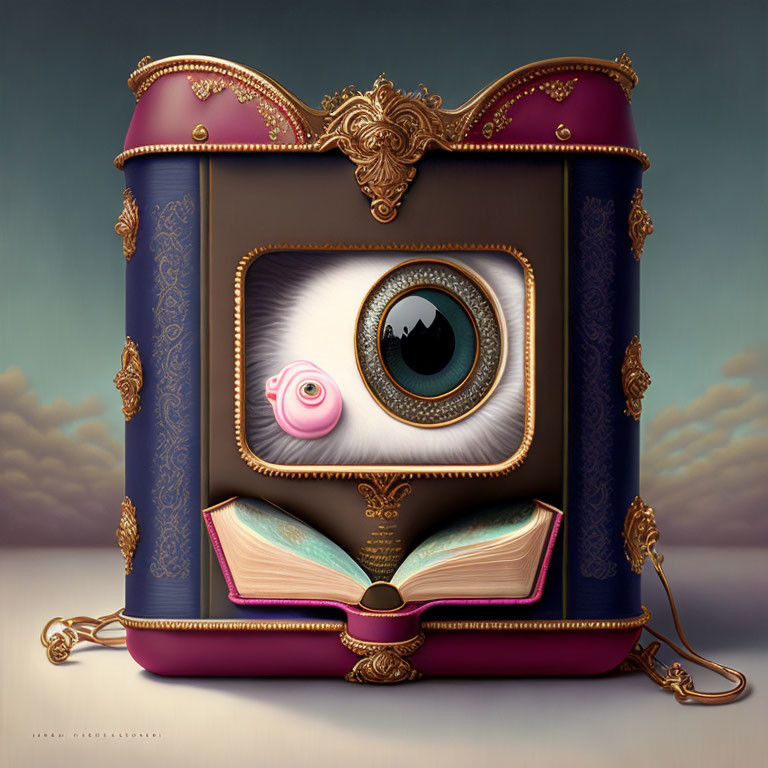 Surreal purple and gold container with eye, rose, book, and baroque details