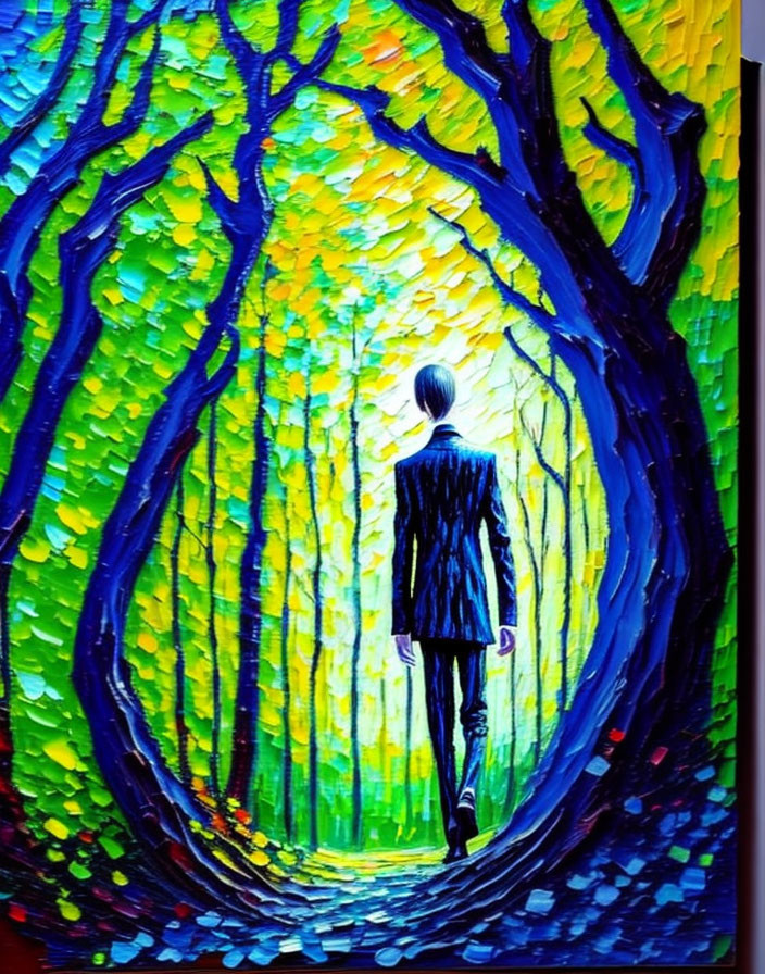 Person in Black Suit Walking into Vibrant Blue and Yellow Tree Tunnel