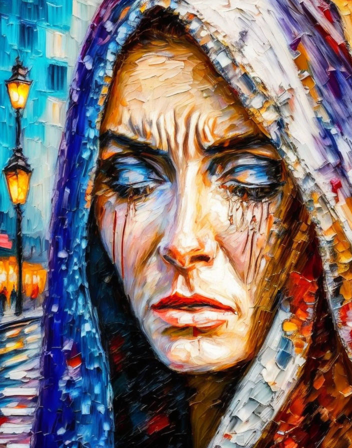 Colorful painting of a sorrowful woman in shawl against abstract city backdrop