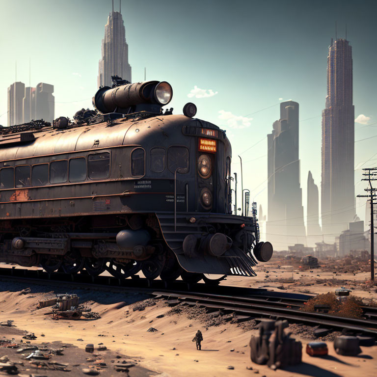 Vintage Train in Desert with Futuristic Skyscrapers and Clear Sky