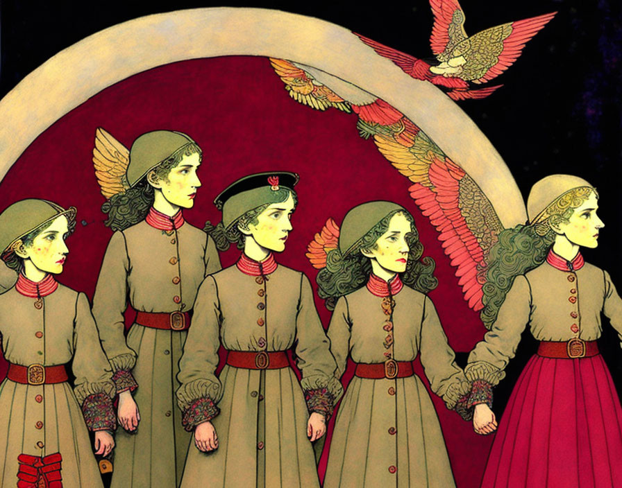 Five women in uniform with avian wings holding hands under a moon, with a flying bird above