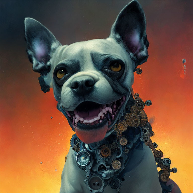 Mechanical-organic hybrid dog with large ears on cog-laden neck in warm-toned background.