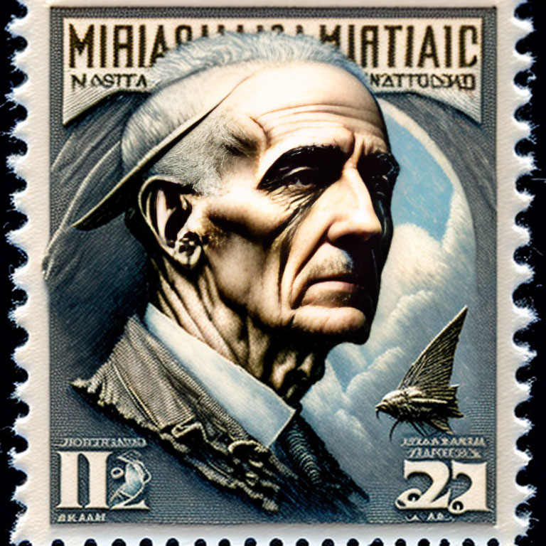 Vintage Stamp: Profile Portrait of Elderly Man with Bird