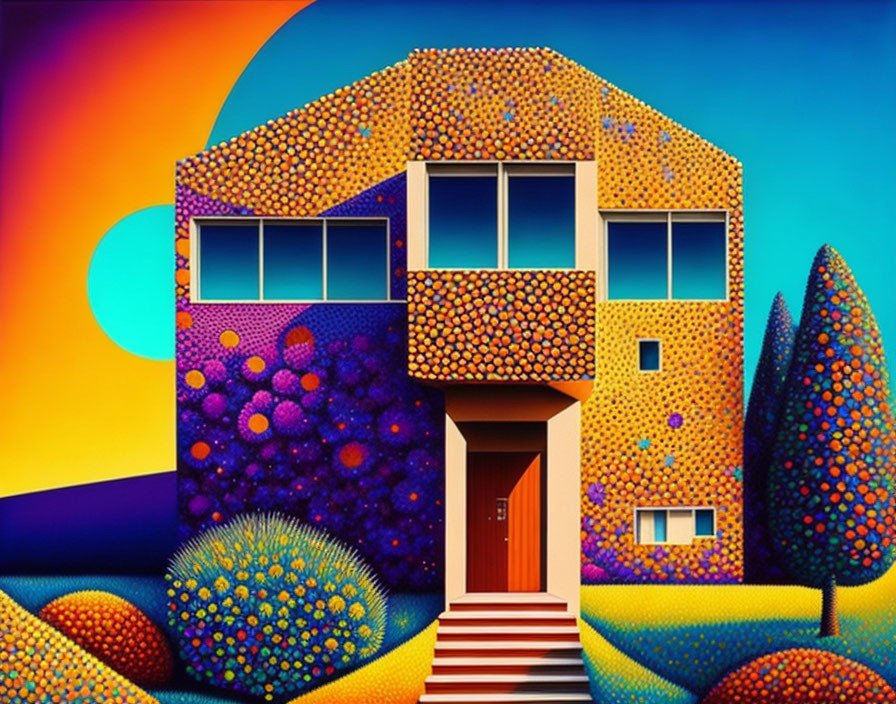 Geometric house illustration with colorful, dotted textures under setting sun