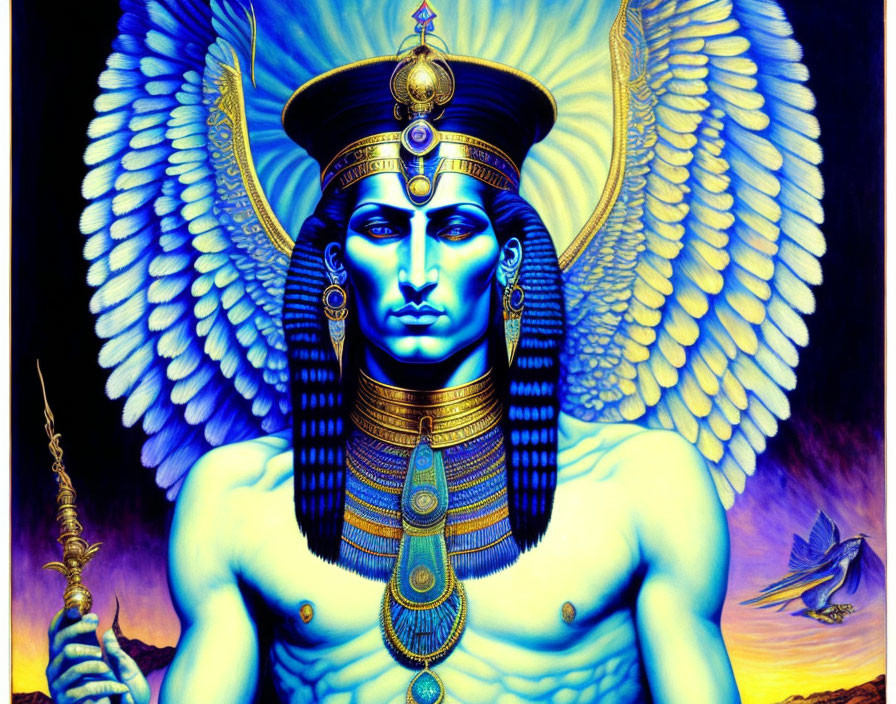 Colorful Egyptian deity illustration with wings, headdress, and jewelry on dark blue backdrop