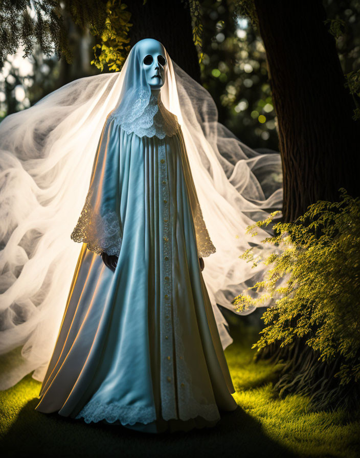 Ethereal figure in blue dress with white veil and mask among trees