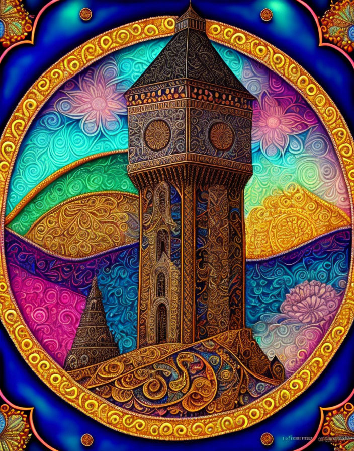 Colorful Psychedelic Tower Illustration with Mandala Designs in Blue Frame