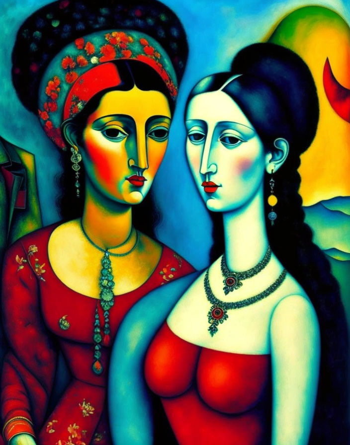 Colorful portrait of two women with elongated faces, one in red headscarf, the other