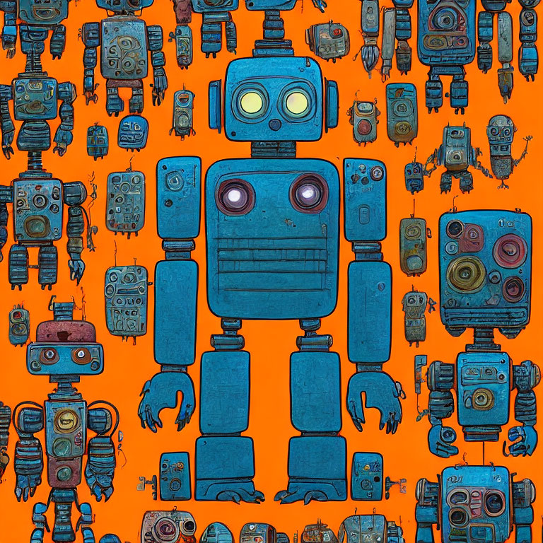 Vintage Robots Pattern on Orange Background